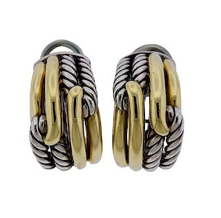 David Yurman 18K Gold Silver Cable Half Hoop Earrings