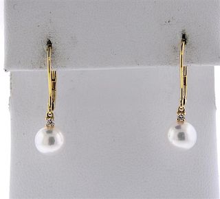 Mikimoto 18k Gold Pearl Diamond Drop Earrings 