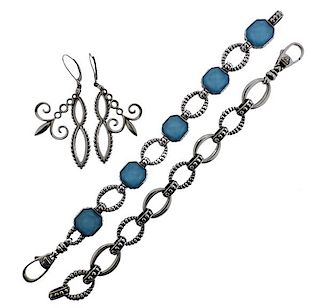 Lagos Caviar Sterling Blue Stone Earrings Bracelet Lot of 3