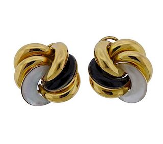 18k Gold Mother of Pearl Onyx Earrings 