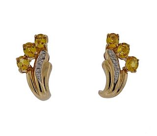 14k Gold Yellow Sapphire Diamond Earrings 