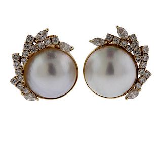 14k Gold Mabe Pearl Diamond Earrings 