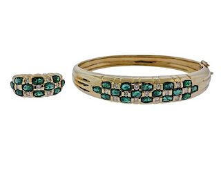 14k Gold Diamond Emerald Bracelet Ring Set