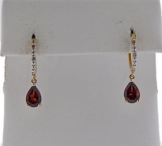 14k Gold Diamond Garnet Drop Earrings 