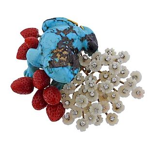 Erwin Pearl 18k Gold Turquoise Diamond Coral Frog Brooch 