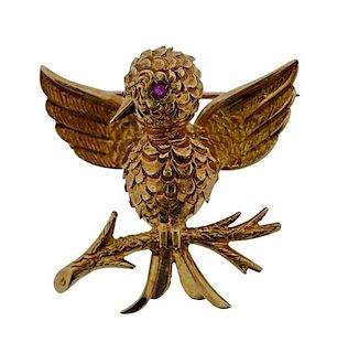 Tiffany &amp; Co 18K Gold Red Stone Bird Brooch Pin