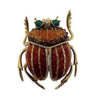 18k Gold Enamel Beetle Brooch Pin