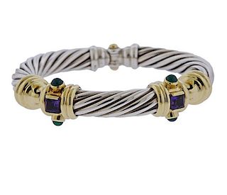 David Yurman 14K Gold Silver Green Purple Stone Bracelet