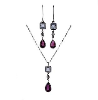 Tiffany &amp; Co 18K Gold Diamond Multi Stone Earrings Necklace Set
