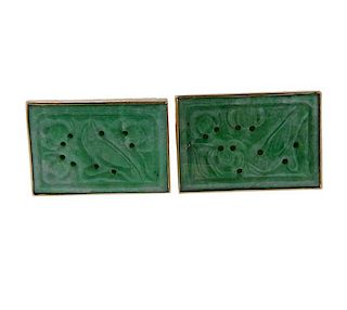 14K Gold Carved Green Stone Cufflinks
