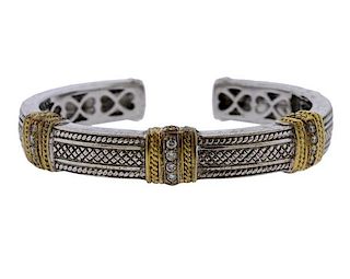 Judith Ripka 18K Gold Silver Diamond Cuff Bracelet