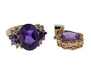 14K Gold Diamond Purple Stone Ring Pendant Set
