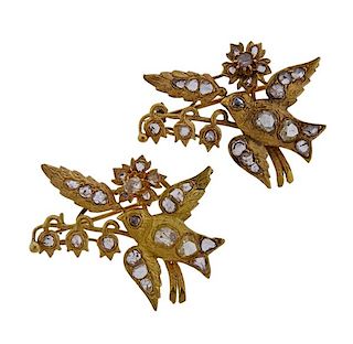 18k Gold Rose Cut Diamond Bird Brooch Set of 2