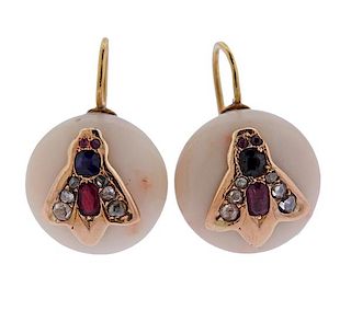Antique 14k Gold Coral Diamond Insect Earrings 