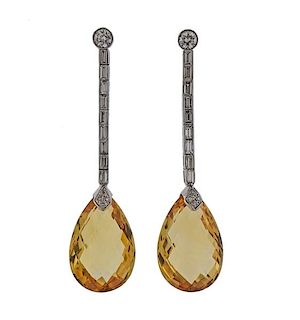 Platinum 18k Gold Citrine Diamond Drop Earrings 