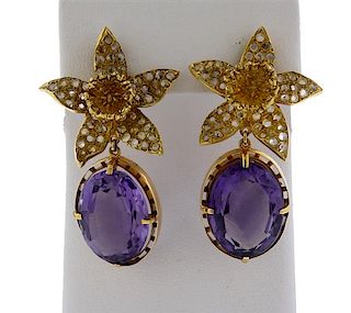 18k Gold Diamond Amethyst Flower Drop Earrings 