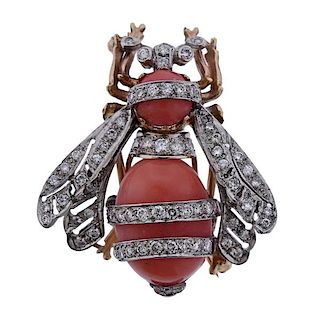 18k Gold Coral Diamond Fly Insect Brooch Pin 