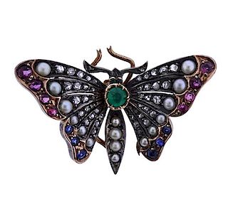 Antique Gold Silver Gemstone Pearl Butterfly Brooch 