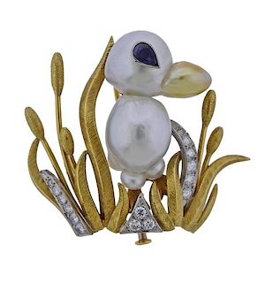 18k Gold Diamond Pearl Sapphire Bird Brooch Pin 