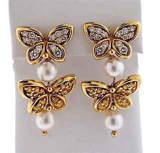 Van Cleef &amp; Arpels 18k Gold Pearl Sapphire Diamond Butterfly Earrings 