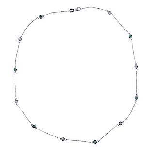 14K Gold Diamond Emerald Station Necklace 