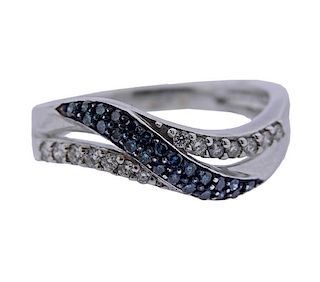 18K Gold White Blue Diamond Wave Band Ring