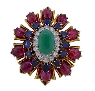 18k Gold Diamond Ruby Sapphire Emerald Brooch 
