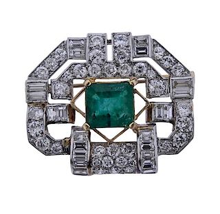  Platinum Gold Diamond Emerald Brooch 