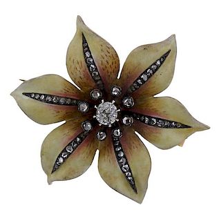 18k Gold Diamond Enamel Flower Brooch 