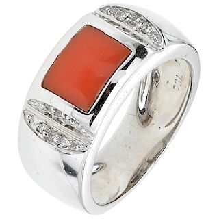A coral and diamond 18K white gold ring.