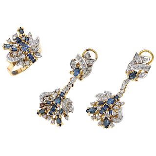 A sapphire and diamond 14K yellow gold ring and pair of earrings set.