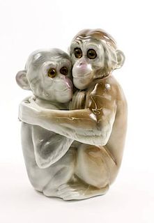 1930s German Porcelain Figural Lamp, Two Monkeys