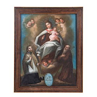 ATTRIBUTED TO LORENZO ZENDEJAS (MEX., ACT. S.XVIII -XIX). OUR LADY OF MOUNT CARMEL WITH SAINT JOHN NEPOMUK AND SAINT FRANCIS OF PAOLA. 