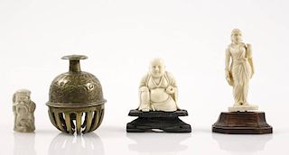 Group of 3 Asian Figurines & 1 Bronze Hand Bell