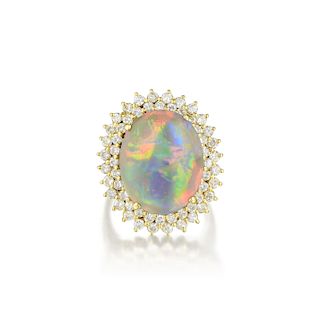 An 18K Gold Lightning Ridge Opal and Diamond Ring