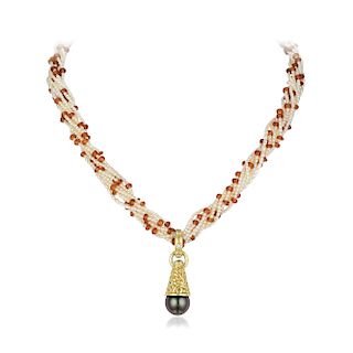 An 18K Gold Cultured Pearl and Diamond Necklace