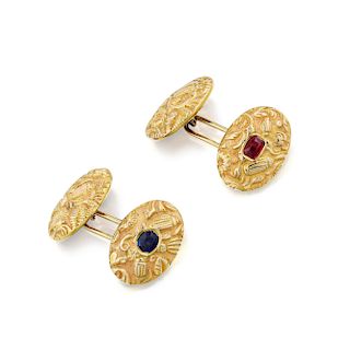 A Pair of 14K Gold Ruby and Sapphire Cufflinks