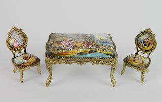 Miniature French enamel table and chair