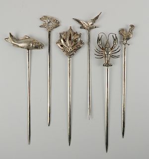 Set of 6 French silver plate figural skewers