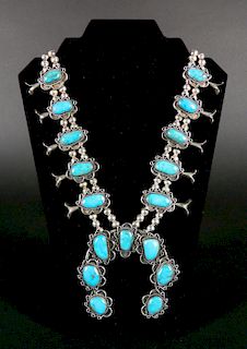 Turquoise and silver squash blossom necklace