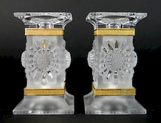 Lalique pair of frosted & molded glass candlestick