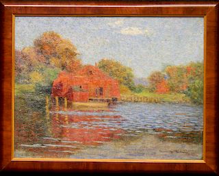 American School, Signed Painting of Lake House