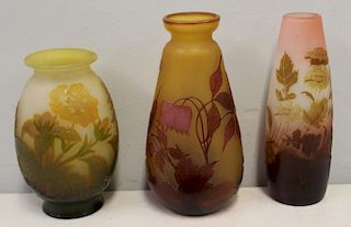 GALLE. Signed Lot Of 3 Cameo Glass Vases .