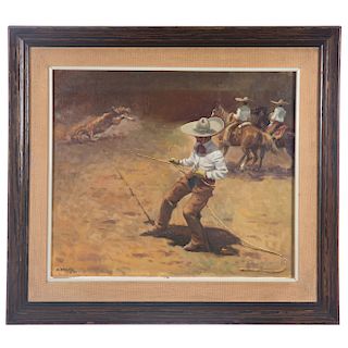 Alfredo Enguix. Tirando a caballo Óleo sobre tela. Firmado y fechado ´82 en el ángulo inferior derecho. Enmarcado en madera tallada.