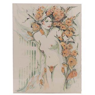Silvia Pardo. Mujer desnuda con flores. Firmado a lápiz en el ángulo inferior derecho. Litografía detallada con óleo.