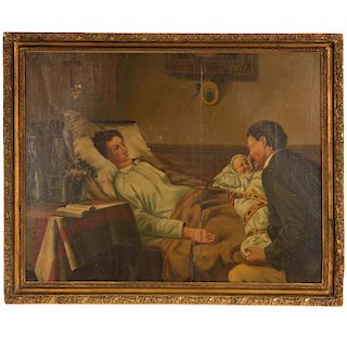 Anónimo. Escena de maternidad. Óleo sobre tela. Enmarcado en madera dorada.