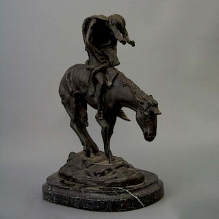 Firma ilegible. Jinete y caballo moribundos Elaborada en bronce. Con base de mármol negro jaspeado.