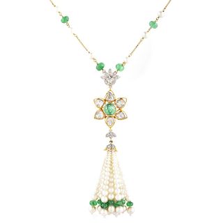 Vintage Diamond, Emerald and Pearl Tassel Necklace