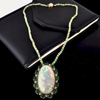 52.5 Carat Opal, Emerald, Diamond and 14K Pendant