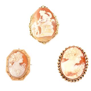 Three (3) Carved Shell and 14K Cameos
